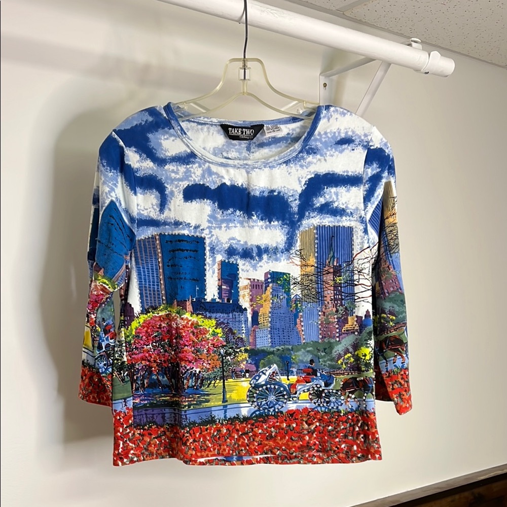 Y2K Central Park NYC Sequin Cityscape Top 3/4 Sleeve- S/M